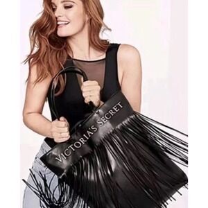 Victoria's Secret Limited Edition Black Faux‎ Leather Fringe Tote Bag 16x17"